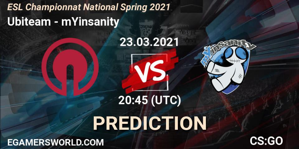 Pronóstico Ubiteam - mYinsanity. 23.03.2021 at 20:45, Counter-Strike (CS2), ESL Championnat National Spring 2021