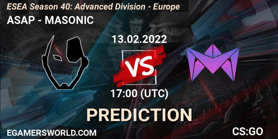 Pronóstico ASAP - MASONIC. 13.02.2022 at 17:00, Counter-Strike (CS2), ESEA Season 40: Advanced Division - Europe