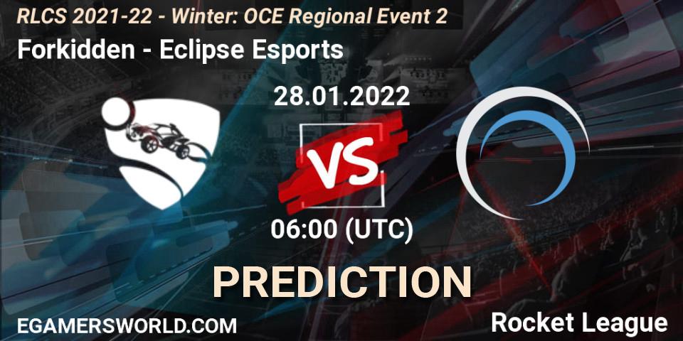 Pronóstico Forkidden - Eclipse Esports. 28.01.2022 at 06:00, Rocket League, RLCS 2021-22 - Winter: OCE Regional Event 2
