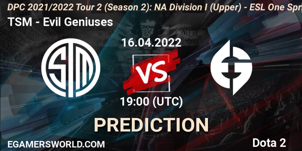 Pronóstico TSM - Evil Geniuses. 16.04.2022 at 19:40, Dota 2, DPC 2021/2022 Tour 2 (Season 2): NA Division I (Upper) - ESL One Spring 2022