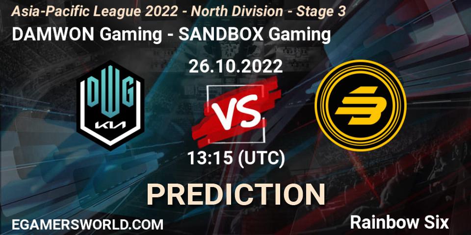 Pronóstico DAMWON Gaming - SANDBOX Gaming. 26.10.2022 at 13:15, Rainbow Six, Asia-Pacific League 2022 - North Division - Stage 3