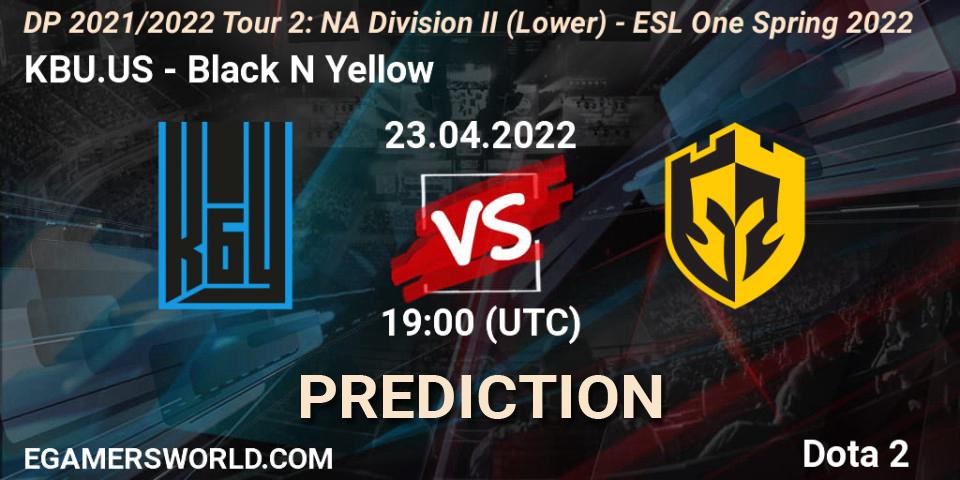 Pronóstico KBU.US - Black N Yellow. 23.04.2022 at 18:55, Dota 2, DP 2021/2022 Tour 2: NA Division II (Lower) - ESL One Spring 2022