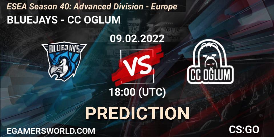 Pronóstico BLUEJAYS - CC OGLUM. 09.02.2022 at 18:00, Counter-Strike (CS2), ESEA Season 40: Advanced Division - Europe