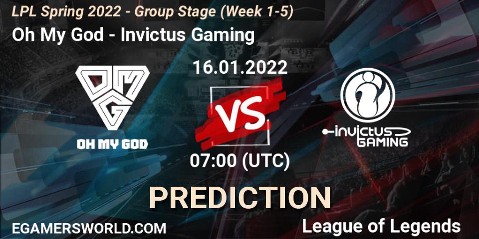 Pronóstico Oh My God - Invictus Gaming. 16.01.22, LoL, LPL Spring 2022 - Group Stage (Week 1-5)