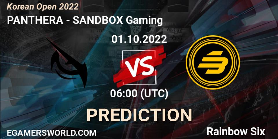 Pronóstico PANTHERA - SANDBOX Gaming. 01.10.2022 at 06:00, Rainbow Six, Korean Open 2022