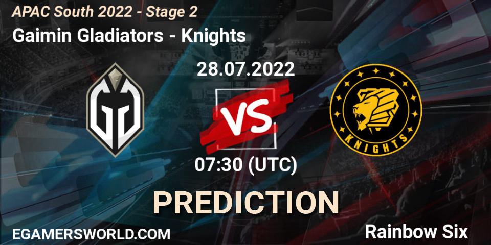 Pronóstico Gaimin Gladiators - Knights. 28.07.2022 at 07:30, Rainbow Six, APAC South 2022 - Stage 2