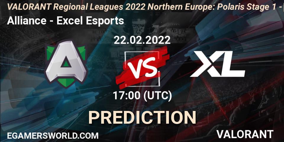Pronóstico Alliance - Excel Esports. 22.02.2022 at 17:00, VALORANT, VALORANT Regional Leagues 2022 Northern Europe: Polaris Stage 1 - Regular Season
