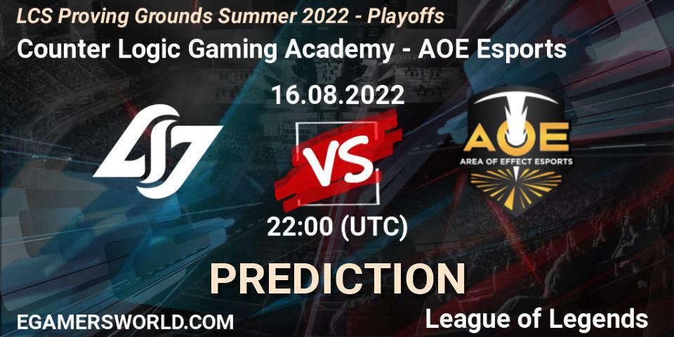 Pronóstico Counter Logic Gaming Academy - AOE Esports. 16.08.2022 at 22:00, LoL, LCS Proving Grounds Summer 2022 - Playoffs