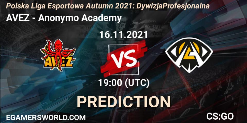 Pronóstico AVEZ - Anonymo Academy. 16.11.2021 at 20:00, Counter-Strike (CS2), Polska Liga Esportowa Autumn 2021: Dywizja Profesjonalna