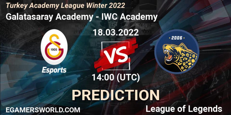 Pronóstico Galatasaray Academy - IWC Academy. 18.03.2022 at 14:00, LoL, Turkey Academy League Winter 2022