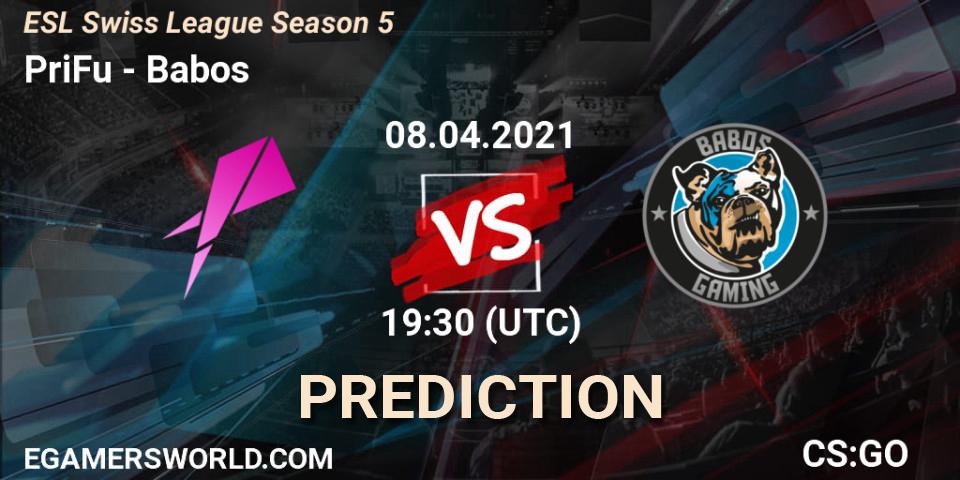 Pronóstico PriFu - Babos. 08.04.2021 at 19:30, Counter-Strike (CS2), ESL Swiss League Season 5
