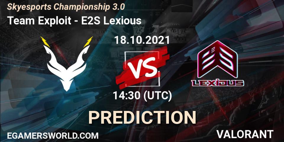 Pronóstico Team Exploit - E2S Lexious. 18.10.2021 at 14:30, VALORANT, Skyesports Championship 3.0