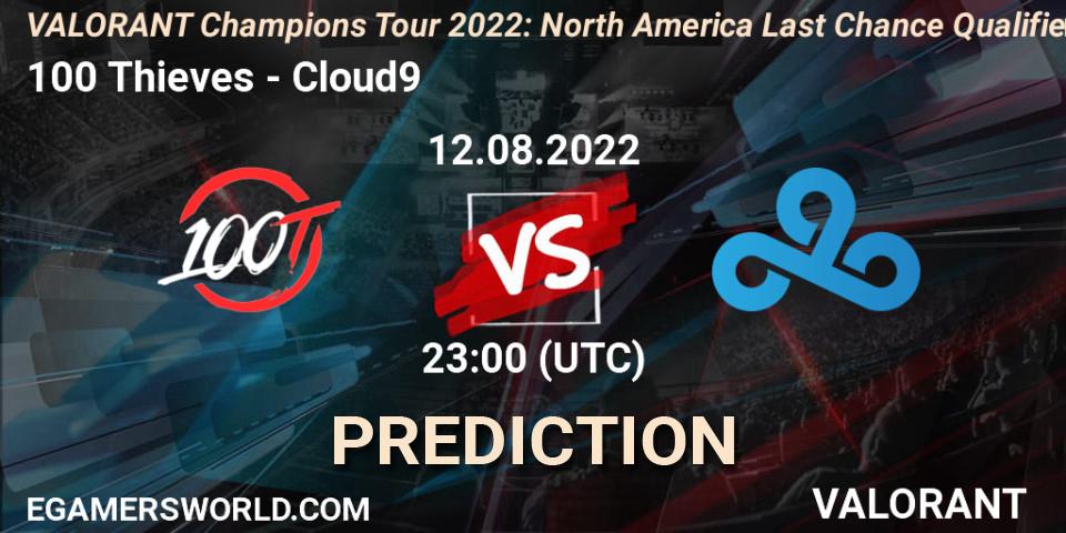 Pronóstico 100 Thieves - Cloud9. 12.08.2022 at 22:30, VALORANT, VCT 2022: North America Last Chance Qualifier