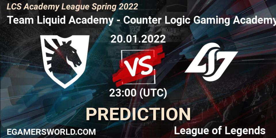 Pronóstico Team Liquid Academy - Counter Logic Gaming Academy. 20.01.2022 at 23:00, LoL, LCS Academy League Spring 2022