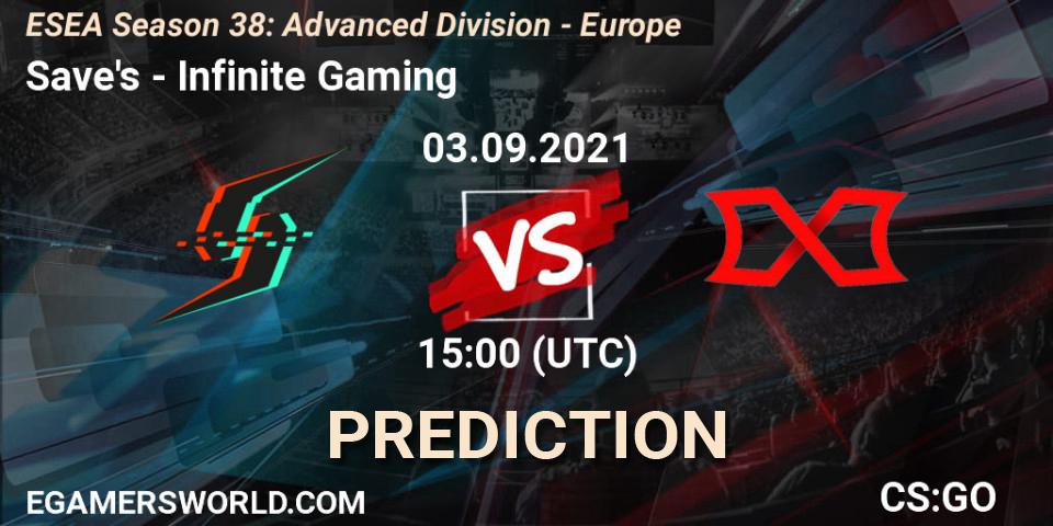 Pronóstico Save's - Infinite Gaming. 03.09.2021 at 15:00, Counter-Strike (CS2), ESEA Season 38: Advanced Division - Europe