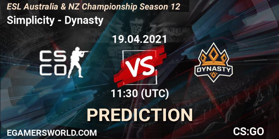 Pronóstico Simplicity - Dynasty. 19.04.2021 at 10:35, Counter-Strike (CS2), ESL Australia & NZ Championship Season 12