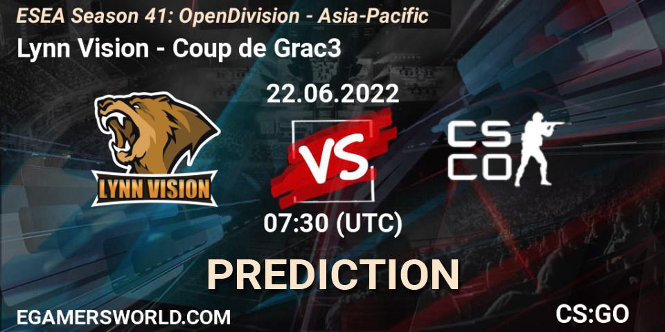 Pronóstico Lynn Vision - Coup de Grac3. 22.06.2022 at 07:30, Counter-Strike (CS2), ESEA Season 41: Open Division - Asia-Pacific