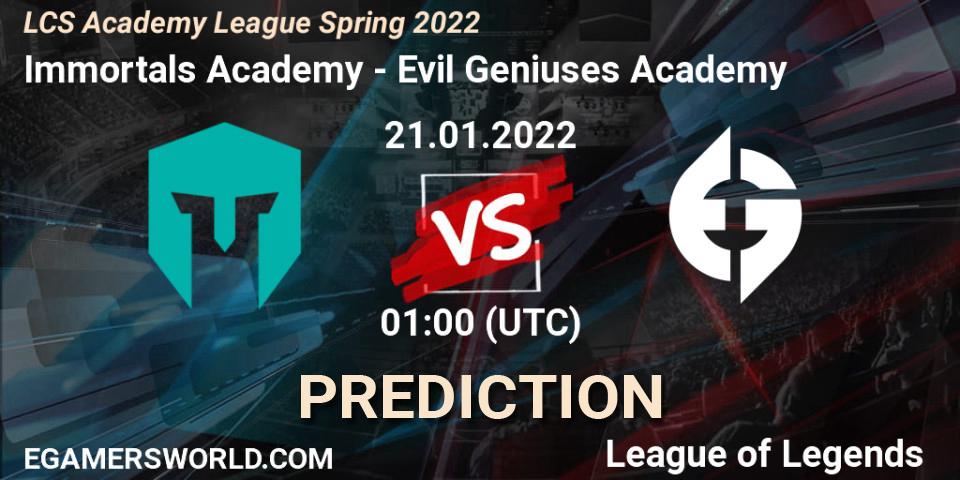 Pronóstico Immortals Academy - Evil Geniuses Academy. 21.01.2022 at 01:00, LoL, LCS Academy League Spring 2022