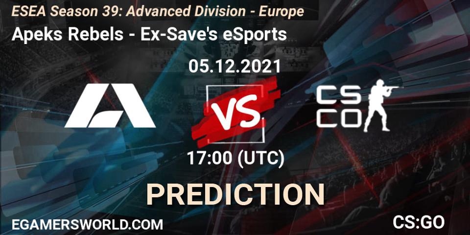 Pronóstico Apeks Rebels - Ex-Save's eSports. 05.12.2021 at 17:00, Counter-Strike (CS2), ESEA Season 39: Advanced Division - Europe