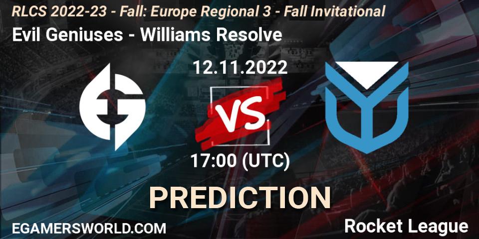 Pronóstico Evil Geniuses - Williams Resolve. 12.11.22, Rocket League, RLCS 2022-23 - Fall: Europe Regional 3 - Fall Invitational