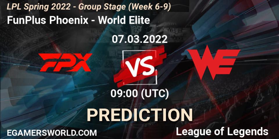 Pronóstico FunPlus Phoenix - World Elite. 07.03.2022 at 09:00, LoL, LPL Spring 2022 - Group Stage (Week 6-9)