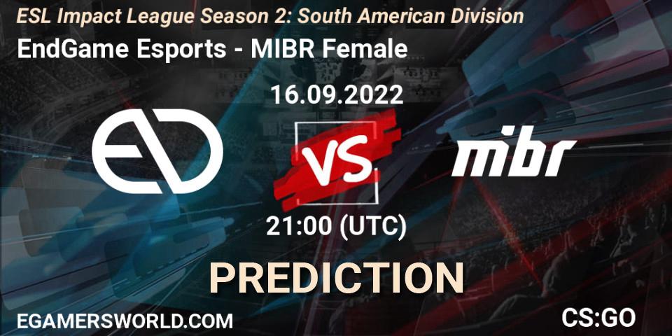 Pronóstico EndGame Esports - MIBR Female. 16.09.2022 at 21:00, Counter-Strike (CS2), ESL Impact League Season 2: South American Division