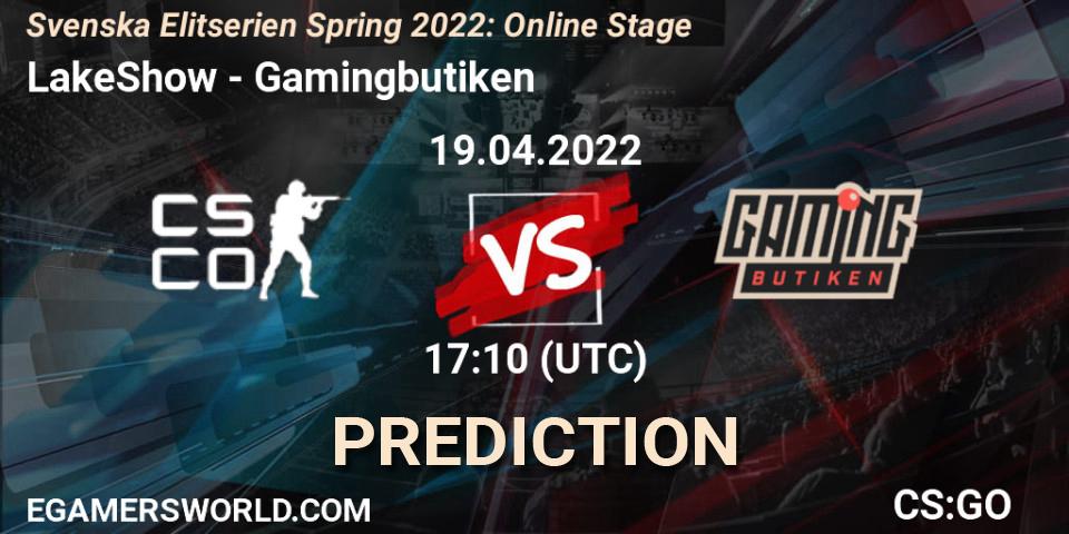 Pronóstico LakeShow - Gamingbutiken. 19.04.2022 at 17:10, Counter-Strike (CS2), Svenska Elitserien Spring 2022: Online Stage