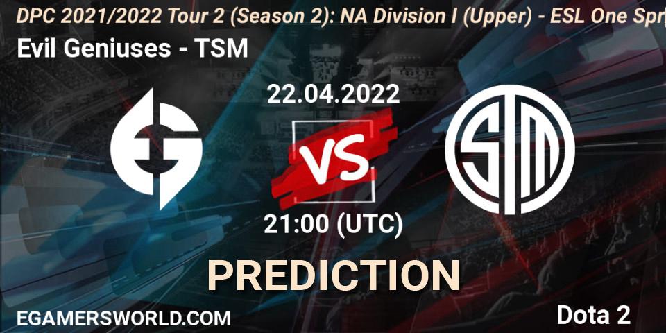 Pronóstico Evil Geniuses - TSM. 22.04.2022 at 20:55, Dota 2, DPC 2021/2022 Tour 2 (Season 2): NA Division I (Upper) - ESL One Spring 2022