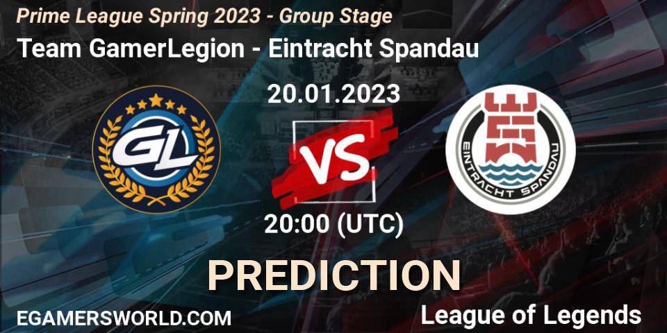 Pronóstico Team GamerLegion - Eintracht Spandau. 20.01.23, LoL, Prime League Spring 2023 - Group Stage