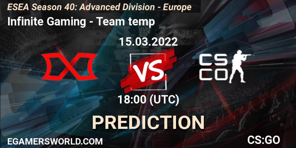 Pronóstico Infinite Gaming - Team temp. 15.03.2022 at 18:00, Counter-Strike (CS2), ESEA Season 40: Advanced Division - Europe