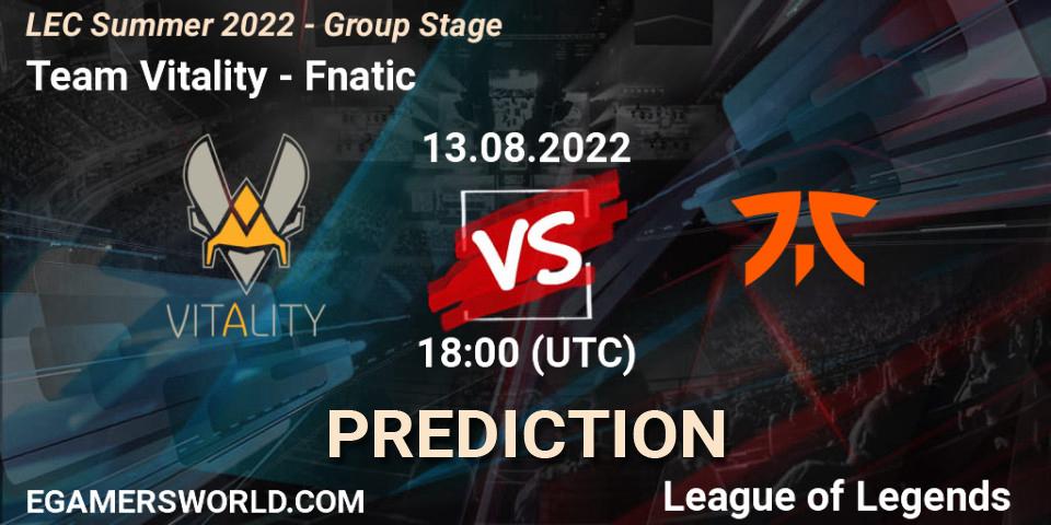 Pronóstico Team Vitality - Fnatic. 13.08.2022 at 18:15, LoL, LEC Summer 2022 - Group Stage