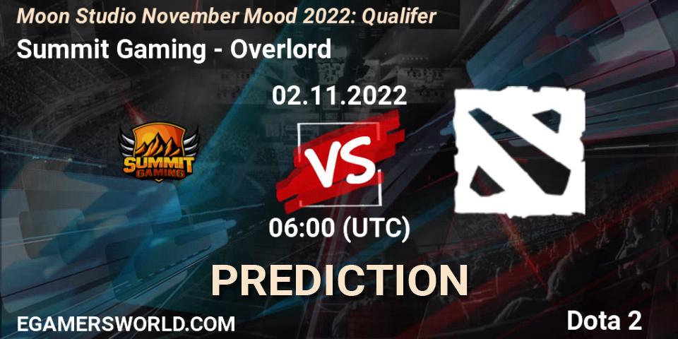 Pronóstico Summit Gaming - Overlord. 02.11.2022 at 06:04, Dota 2, Moon Studio November Mood 2022: Qualifer