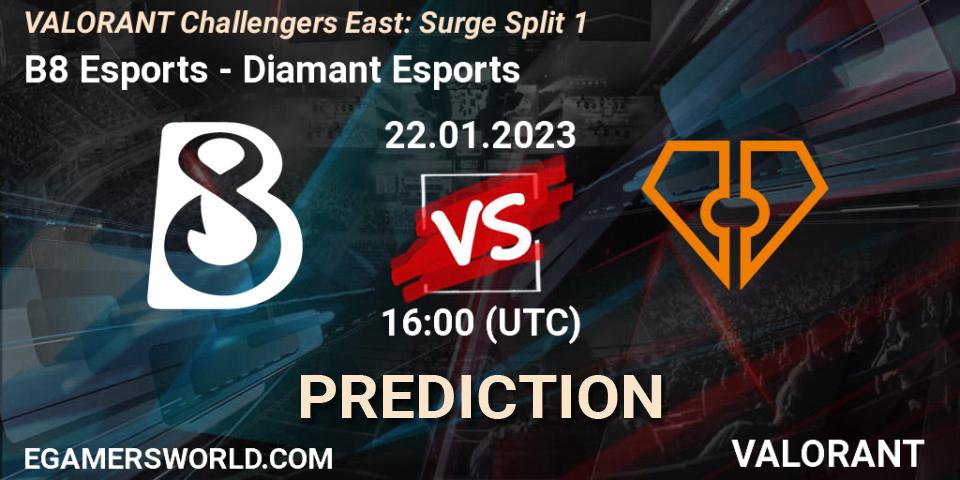 Pronóstico B8 Esports - Diamant Esports. 22.01.2023 at 16:00, VALORANT, VALORANT Challengers 2023 East: Surge Split 1