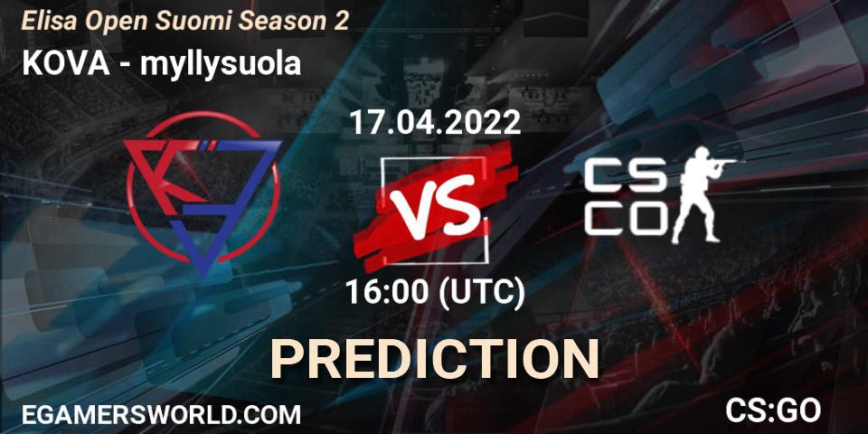 Pronóstico KOVA - myllysuola. 17.04.2022 at 16:00, Counter-Strike (CS2), Elisa Open Suomi Season 2