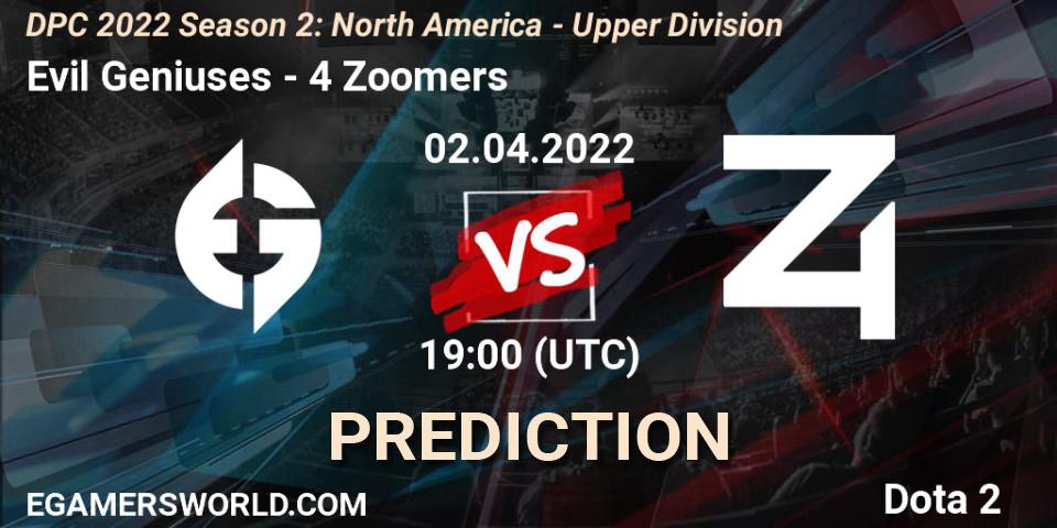 Pronóstico Evil Geniuses - 4 Zoomers. 02.04.2022 at 18:55, Dota 2, DPC 2021/2022 Tour 2 (Season 2): NA Division I (Upper) - ESL One Spring 2022