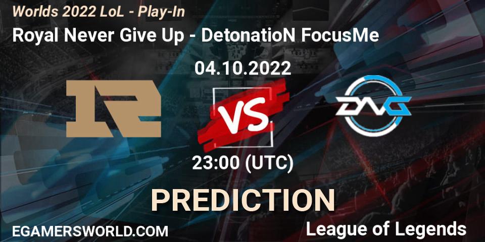 Pronóstico Royal Never Give Up - DetonatioN FocusMe. 04.10.22, LoL, Worlds 2022 LoL - Play-In