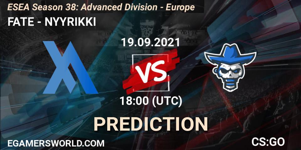 Pronóstico FATE - NYYRIKKI. 19.09.2021 at 18:00, Counter-Strike (CS2), ESEA Season 38: Advanced Division - Europe