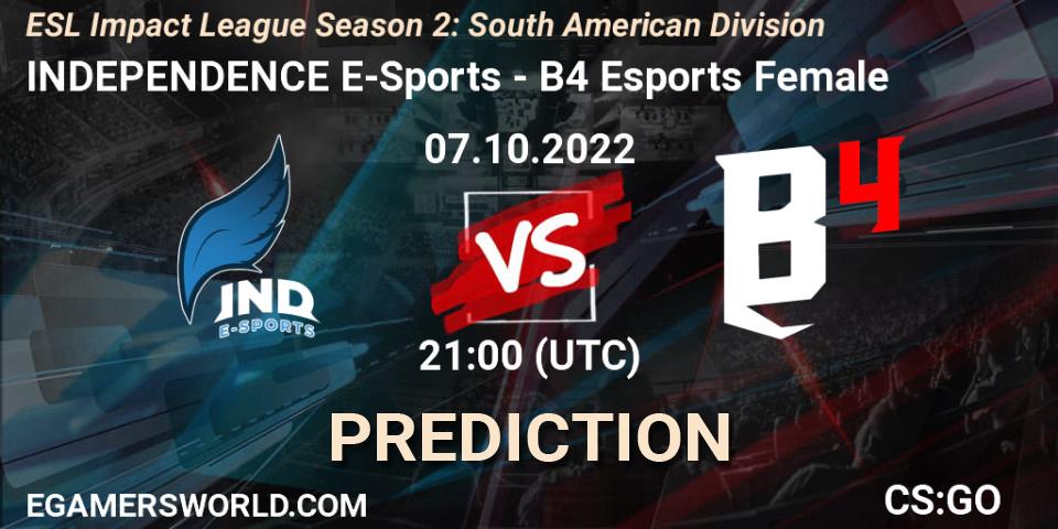 Pronóstico INDEPENDENCE E-Sports - B4 Esports Female. 07.10.2022 at 21:00, Counter-Strike (CS2), ESL Impact League Season 2: South American Division