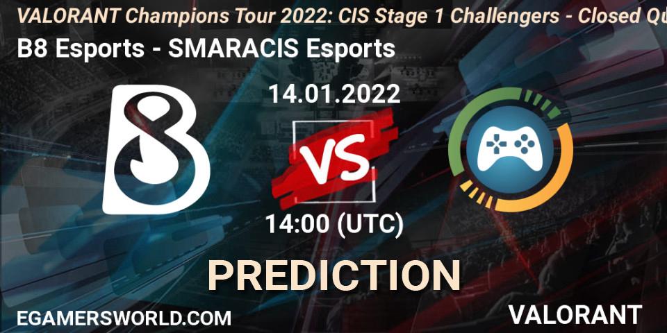 Pronóstico B8 Esports - SMARACIS Esports. 14.01.2022 at 14:00, VALORANT, VCT 2022: CIS Stage 1 Challengers - Closed Qualifier 1
