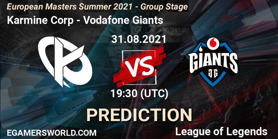 Pronóstico Karmine Corp - Vodafone Giants. 31.08.21, LoL, European Masters Summer 2021 - Group Stage