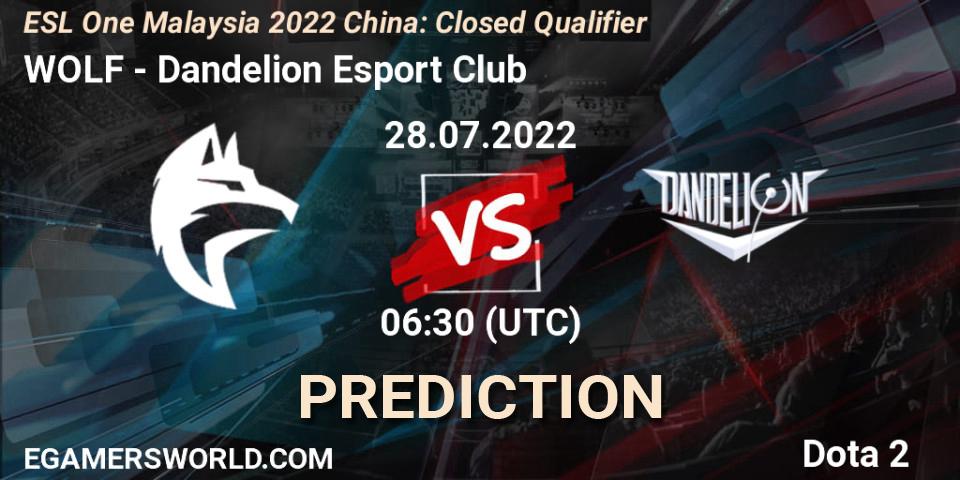 Pronóstico WOLF - Dandelion Esport Club. 28.07.2022 at 06:33, Dota 2, ESL One Malaysia 2022 China: Closed Qualifier