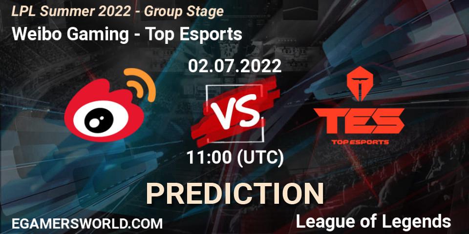 Pronóstico Weibo Gaming - Top Esports. 02.07.2022 at 13:18, LoL, LPL Summer 2022 - Group Stage