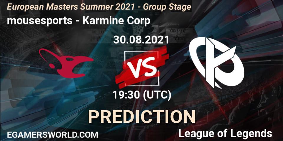 Pronóstico mousesports - Karmine Corp. 30.08.21, LoL, European Masters Summer 2021 - Group Stage