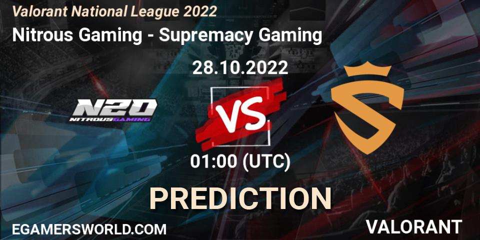 Pronóstico Nitrous Gaming - Supremacy Gaming. 28.10.2022 at 01:00, VALORANT, Valorant National League 2022