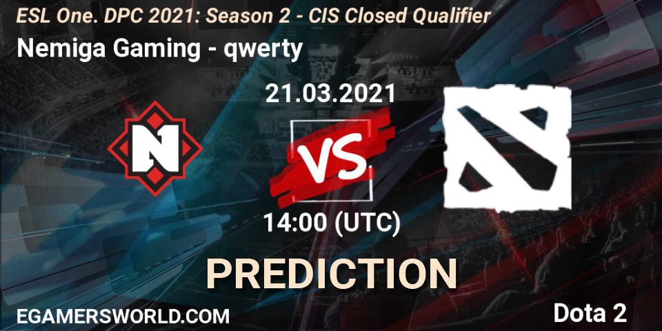 Pronóstico Nemiga Gaming - qwerty. 21.03.2021 at 13:59, Dota 2, ESL One. DPC 2021: Season 2 - CIS Closed Qualifier