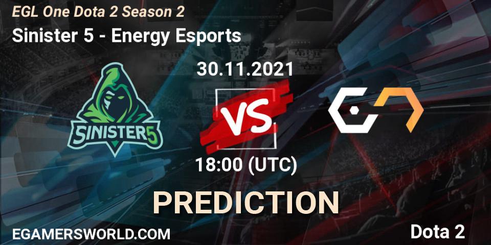 Pronóstico Sinister 5 - Energy Esports. 30.11.2021 at 18:14, Dota 2, EGL One Dota 2 Season 2