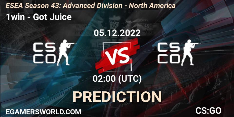 Pronóstico 1win - Got Juice. 05.12.22, CS2 (CS:GO), ESEA Season 43: Advanced Division - North America