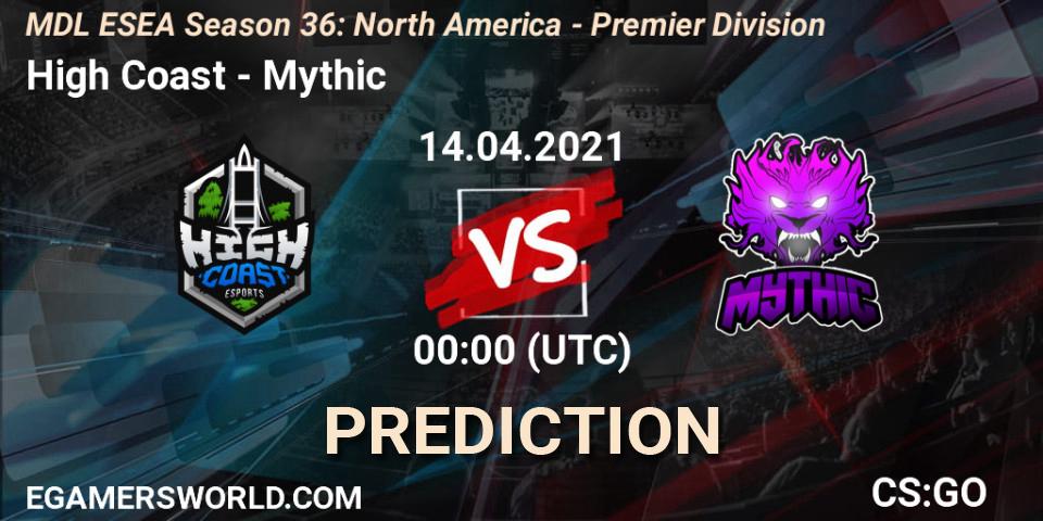 Pronóstico High Coast - Mythic. 14.04.2021 at 00:00, Counter-Strike (CS2), MDL ESEA Season 36: North America - Premier Division