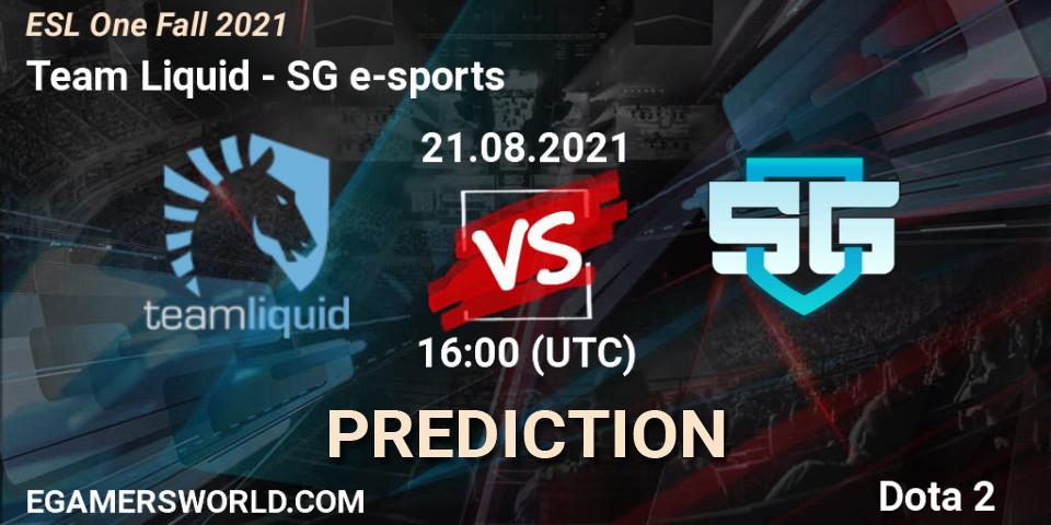 Pronóstico Team Liquid - SG e-sports. 21.08.2021 at 15:55, Dota 2, ESL One Fall 2021