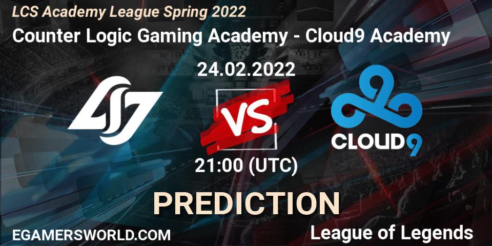 Pronóstico Counter Logic Gaming Academy - Cloud9 Academy. 24.02.2022 at 21:00, LoL, LCS Academy League Spring 2022